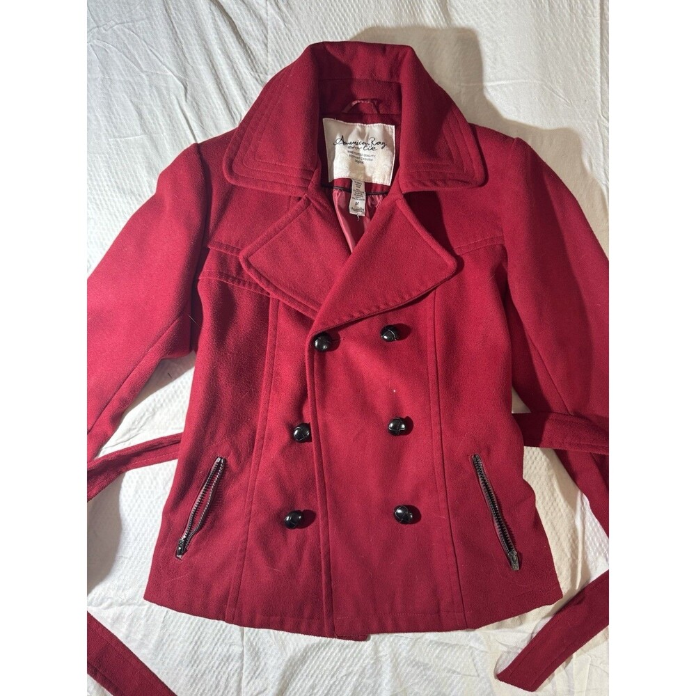 American Rag Red Peacoat Jacket Women’s Medium Double Breasted Belted Wool Blend